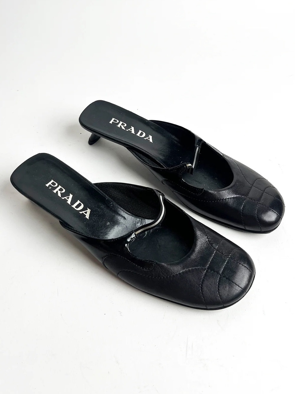 Vintage 1999-2000 Prada Black Leather Quilted Mule Kitten Heels